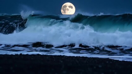 Wall Mural - the moon rises over the dark ocean, casting a soft glow on crashing waves at twilight, creating a se