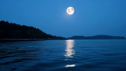Wall Mural - bright full moon is reflecting on the surface of calm ocean water on a clear night, creating a roman