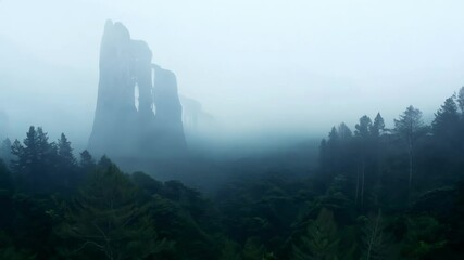 Wall Mural - enveloped in thick fog, a mountain peak rises above a green pine forest, creating a mystical and ser