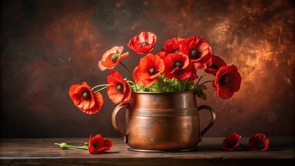 Wall Mural - Symmetrical red poppies in vintage copper pot against solid dark brown background