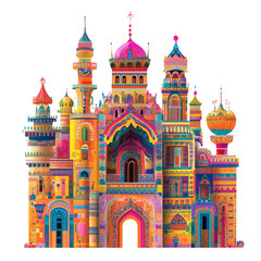 A vibrant and colorful cultural center with decorative patterns and bright hues isolated on transparent background