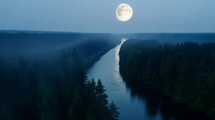 Wall Mural - tranquil forest at night with a wide river under the full moon's light, casting a serene glow on the