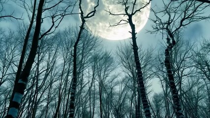 Wall Mural - Moonlight shines through birch tree branches in a dark forest, casting eerie shadows and creating a spooky atmosphere
