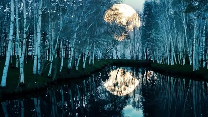 Wall Mural - The full moon is reflecting in a river flowing through a birch forest at twilight. The water is very still and the reflection is very clear