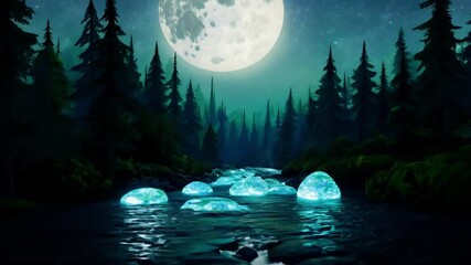 Wall Mural - magical river flows through a serene forest under a full moon on a starry night, creating a tranquil
