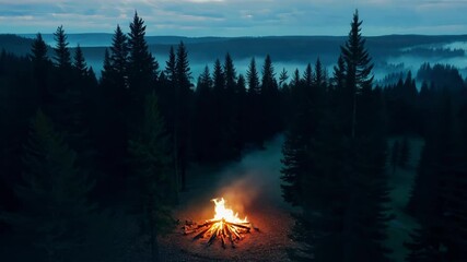 Wall Mural - Sun setting behind mountains, bonfire lights misty forest, creating eerie, magical atmosphere. Flames dance among trees, casting shadows in tranquil landscape