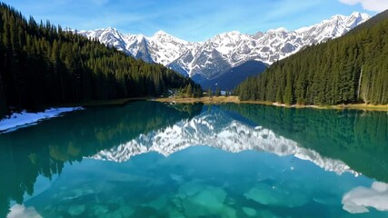 Wall Mural - Stunning alpine lake reflecting the snow capped mountains and evergreen forest on a sunny day with some clouds in the sky