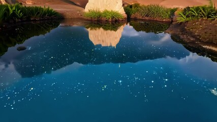 Wall Mural - reflecting starry night sky on dark blue water creates tranquil atmosphere, evoking calm and celesti
