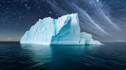 Wall Mural - Massive iceberg is floating on a calm ocean under a starry night sky, with clouds adding to the dramatic scene. The iceberg glows with a turquoise hue, reflecting the colors of the night sky