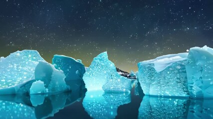 Wall Mural - Icebergs floating in calm water with a starry sky and the milky way in the background, creating a magical and serene atmosphere