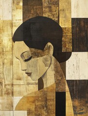 Wall Mural - A modern abstract representation showcasing the profile of a woman with a blend of warm colors and textured surfaces