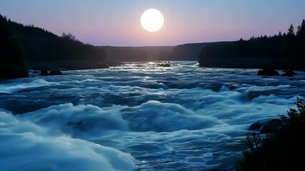 Wall Mural - River is rapidly flowing under a full moon at twilight with silhouettes of forests on each side. The water is blue and white and the sky is pink, purple and blue