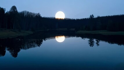 Wall Mural - bright full moon is rising over a lake, casting an ethereal glow on the water and creating a perfect