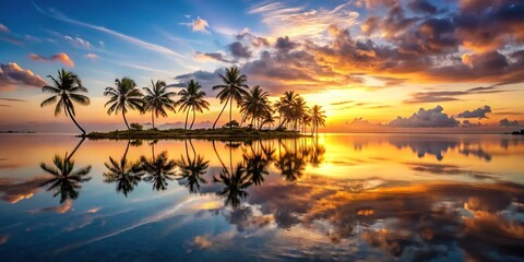 Wall Mural - Tranquil sunset over tropical island with palm tree reflections in the water, medium shot