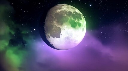Wall Mural - Bright full moon shines through fluffy clouds on a starry night sky. Creating a serene and tranquil atmosphere. Moonlight gently illuminates the dark sky. Adding to the magical and romantic ambiance