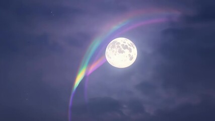 Wall Mural - Peaceful full moon shines brightly in the twilight sky, surrounded by a stunning double rainbow. The celestial scene is magical and mystical, creating a serene atmosphere
