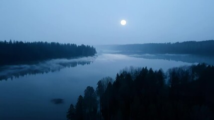 Wall Mural - Full moon is illuminating the night sky, casting an ethereal glow over a serene lake partially shrouded in mist and surrounded by a dense, dark forest