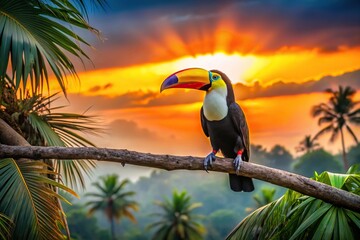 Wall Mural - Tropical toucan perched on branch during colorful sunset