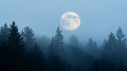 Wall Mural - full moon is rising over a mysterious and foggy forest filled with tall pine trees. the moon is brig