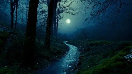 Wall Mural - Small river flows through a dark forest on a moonlit night, creating an eerie glow. The full moon illuminates trees, casting spooky shadows. Mist adds mystery to the tranquil wilderness
