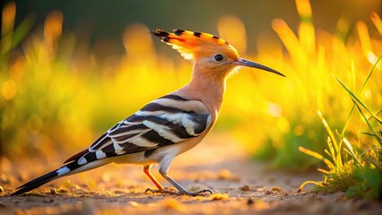 Wall Mural - Upupa epops Hoopoe Foraging on the Ground in Sunlit Natural Environment