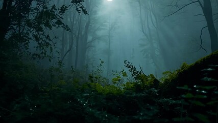 Wall Mural - Beams of moonlight are illuminating the fog as it rolls through the trees of a dark forest. The lush green ferns and moss covering the forest floor are glistening in the moonlight