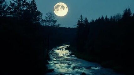 Wall Mural - Mystical and serene scene of a river flowing through a dense forest under the ethereal glow of a full moon. The tranquil waters reflect the celestial light, creating a captivating ambiance