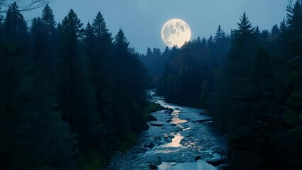 Wall Mural - Serene river winds through a misty forest at night, reflecting the soft light of a full moon