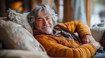 A smiling older man relaxes comfortably in a cozy living room, surrounded by warm decor on a sunny afternoon