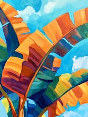 Wall Mural - Vibrant tropical leaves display a mix of orange and green hues under a bright blue sky with fluffy white clouds, symbolizing summer bliss