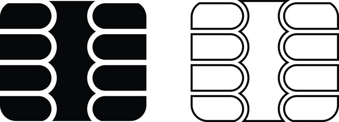 EMV chip icon set. Line, glyph and filled outline, mobile telephone Microchip for bank plastic credit or debit charge or sim card. Digital Nfc technology. Contactless payment at terminals and ATMs.