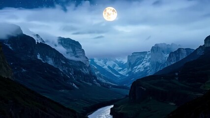 Wall Mural - Full moon hangs low, casting ethereal light over a foggy mountain valley on a tranquil night, illuminating rocky peaks dusted with snow in a serene atmosphere under a swirling dark sky