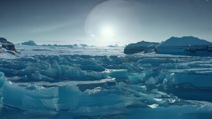 Wall Mural - Glowing ice floes in the arctic under a low hanging sun, with icebergs and snow covered mountains creating a breathtaking landscape