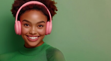 Poster - a smiling woman wearing pink headphones