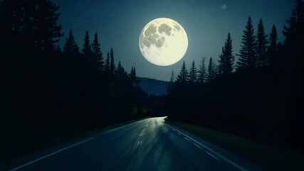 Wall Mural - driving on a moonlit road through a dark forest on a summer night, enchanted by the magical blue lig
