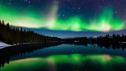 Wall Mural - Green northern lights dance over a mountain lake, reflecting a magical glow in serene waters, blending with starry skies and snowy peaks, creating a mystical atmosphere in the dark wilderness