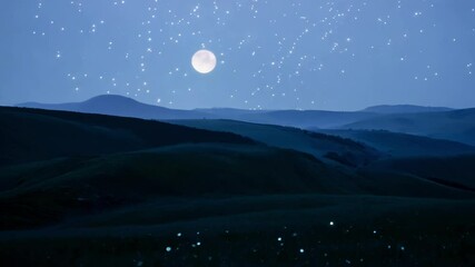 Wall Mural - The full moon is shining over a field of rolling hills, creating a peaceful and serene atmosphere. The night sky is filled with stars, adding to the beauty of the scene
