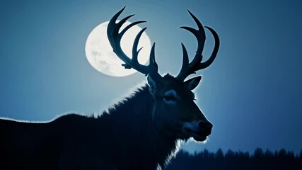 Wall Mural - majestic stag is standing in the foreground with its large antlers silhouetted against a bright full