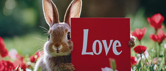 A cute rabbit holding a red sign with the word 'Love' surrounded by flowers in a vibrant garden.