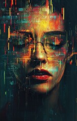 Wall Mural - a woman with glasses and a face covered in digital art