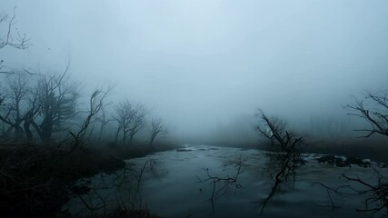 Wall Mural - River flows through a dark and gloomy forest with fog hanging in the air, creating a spooky and mysterious atmosphere