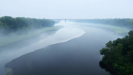 Wall Mural - Dense fog is hovering over a river with a bridge in the distance and lush green trees lining the banks on a foggy summer morning