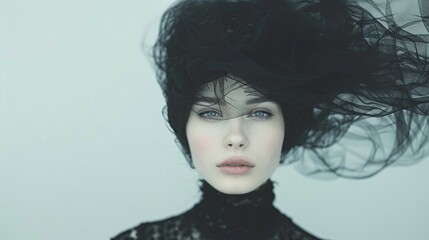 Moody portrait of a woman with pale skin and wind-swept black hair, wearing a black lace outfit, set against a minimalist pale background, creating a hauntingly beautiful look with copy space