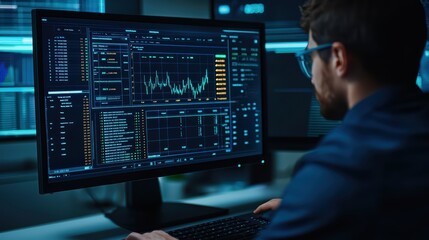A professional analyzing data on a computer screen in a modern office environment.