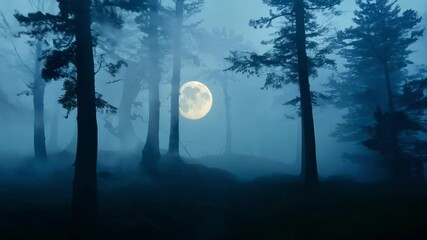 Wall Mural - Spooky moonlit forest with foggy path on a cold night, perfect for a halloween tale