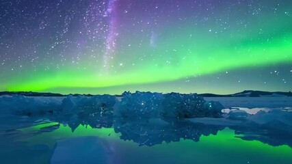 Wall Mural - Glistening icebergs reflect green and purple northern lights in the night sky above a frozen lake, creating a mystical and enchanting winter scene