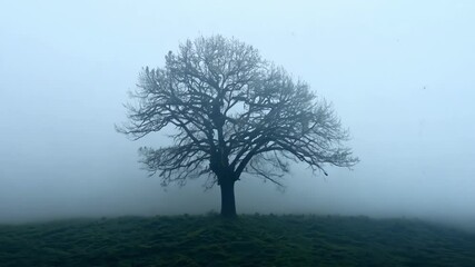 Wall Mural - large tree is standing alone in a thick fog, creating a mysterious and eerie atmosphere. the fog obs