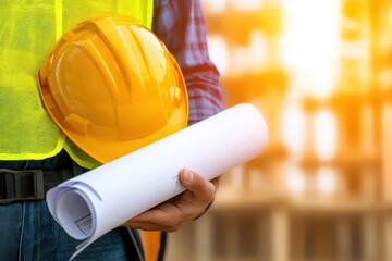 Construction worker in safety gear holds blueprints at a building site, symbolizing dedication and hard work in the construction field.