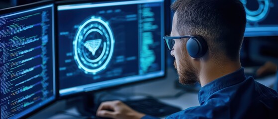 Focused male programmer working on multiple computer screens displaying complex code and graphics.