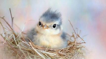 Poster -   A tiny bird perched atop a pile of dried grass near a nestling baby bird